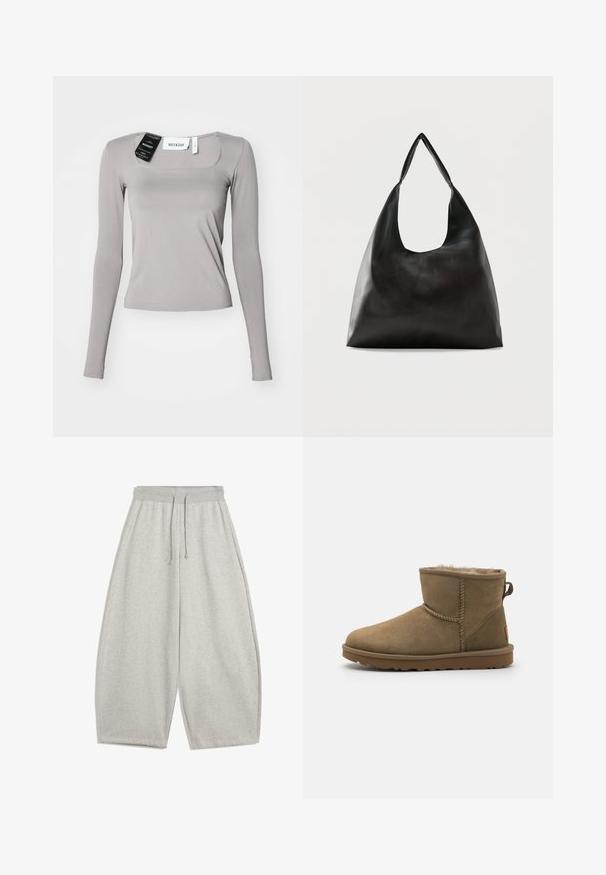 Langærmet skjorte i lys grå, med firkantet udskæring, slim fit og glat stof. Indeholder mærker fastgjort ved udskæringen.; Lys grå brede sweatpants med elastisk talje og snørebånd, udstyret med sidelommer og afslappet pasform.; Brune ruskind ankelstøvle med en blød, fuzzy foring, rund tå og en løkkeaccent bagpå. Flad gummisål med struktureret greb.; Sort skuldertaske i glat læder med en bred, enkelt strop og et afslappet, minimalistisk design mod en ensfarvet baggrund.