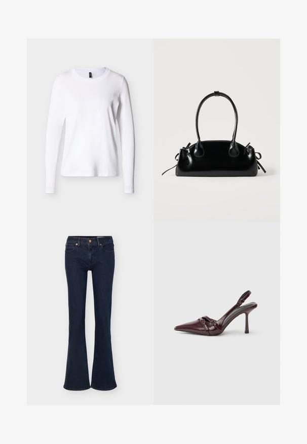 T-shirt blanc à manches longues avec col rond, présenté sur un fond neutre, vue de face avec une étiquette noire au niveau du col.; Jean en denim bleu foncé avec taille haute, fermeture par bouton et zip, poches avant et jambes évasées.; Escarpin slingback en cuir verni bordeaux avec bout pointu, fine bride à la cheville et petit détail décoratif de boucle. Texture lisse et talon haut.; Petit sac à main noir brillant avec deux longues anses et des détails à cordon sur les côtés sur un fond clair uni.