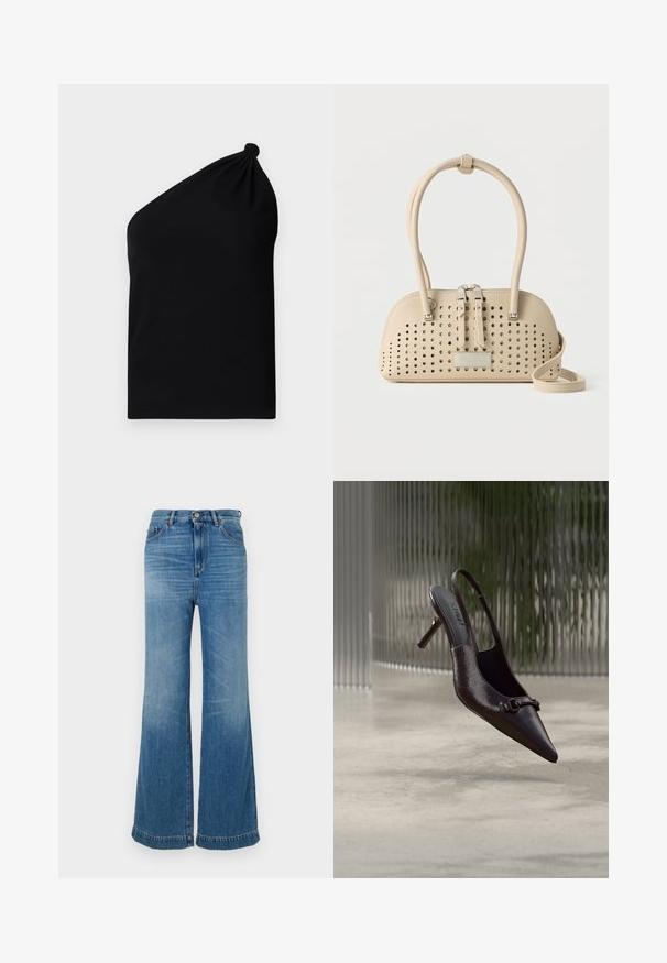 Asümmeetriline must lühikeste varrukateta topp, mis on valmistatud siledast kangast, ning millel on sõlmega detail õlal ja keha lähedane lõige.; Heledad sinise värvi flare-jeans, mis on valmistatud denimmaterjalist, kõrge vöökoht, viie tasku disain ning monokromaatiline õmblus ja toorikäärmise serv.; Läikiv must tippustega kõrge kontsaga slingback, millel on väike dekoratiivne pandlaga aasaosa, hõljumas betoonpõranda kohal tekstuurse klaasi taustal.; Beežist nahast käekott perforatsioonidega, kahe tõmblukuga, kahekordsete käepidemete ja pika rihmaga, asetatud ühevärvilise tausta vastu.