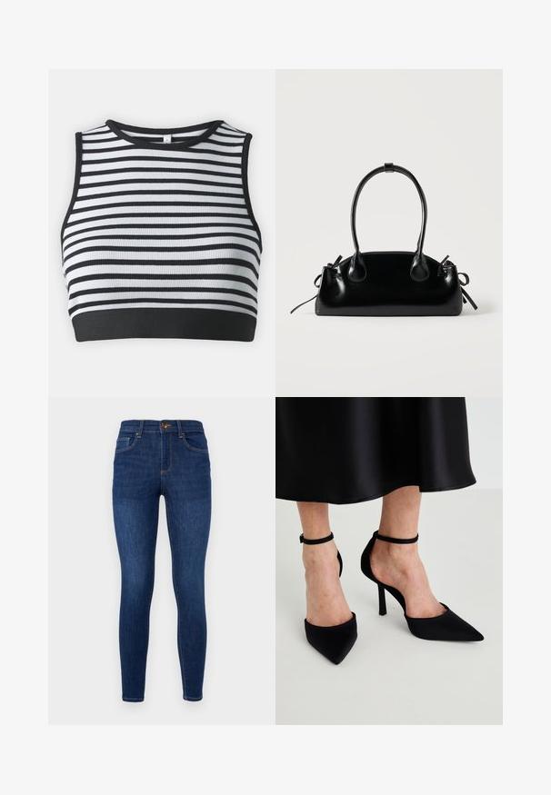 Sort og hvid stribet ærmeløs crop top med ribbet tekstur og en solid sort kant. Rund halsudskæring med kontrasterende kant.; Mørkeblå denim skinny jeans med høj talje, klassisk fem-lomme-design, diskret kontrastsyninger og lukning med metalknap.; Sorte spidse hæle lavet af glat stof med en stiletto hæl og en smal ankelrem, der har et åbent sideskud.; Lille sort blank håndtaske med to lange håndtag og snøre-detaljer i siden på en ensfarvet lys baggrund.