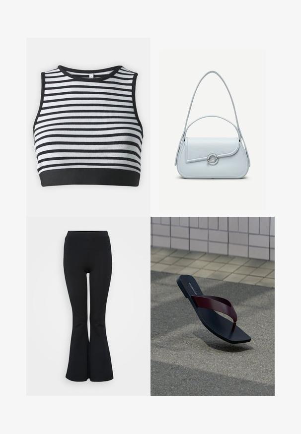 Top court sans manches à rayures noires et blanches avec une texture côtelée et un ourlet noir uni. Encolure ronde avec un bord contrastant.; Leggings noires évasées en matériau extensible. Dotés d'une taille haute et d'une texture lisse. Se terminent par un ourlet évasé.; Tongs noires uniques avec une lanière rouge foncé, flottant au-dessus d'une surface d'asphalte grise et d'un trottoir carrelé beige en arrière-plan.; Sac à main en cuir bleu clair avec rabat arrondi, fermoir circulaire argenté et deux bretelles d'épaule sur un fond uni.