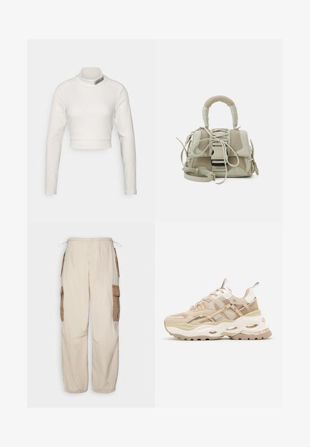 adidas Originals CROPPED - Longsleeve - white; BDG Urban Outfitters CONTRAST - Cargobroek - beige; Beige en witte chunky sneaker met dikke zool, mesh- en leren panelen, ovale uitsparingen in de tussenzool, trekriemen op de tong en hiel.; Beige handtas met een gestructureerd meshdesign, een stevige vorm, een handvat bovenop en een afneembare schouderriem; heeft vetersluitingdetails en hardwareaccenten.