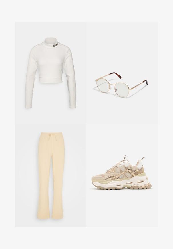 adidas Originals CROPPED - Longsleeve - white; Envii ONYX PANTS - Trainingsbroek - irish cream; Beige en witte chunky sneaker met dikke zool, mesh- en leren panelen, ovale uitsparingen in de tussenzool, trekriemen op de tong en hiel.; Gouden metalen ovalen montuur brillen met glazen zonder sterkte. Schildpad-accenten op de pootjes. Verstelbare neussteunen voor extra comfort.