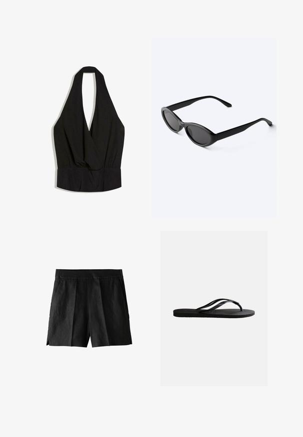 Sort ærmeløs haltertop med dyb V-hals og tætsiddende taljebånd, lavet af blødt, draperet stof.; Sorte linnedrenge med plisseret front, sidelommer og en afslappet pasform. Stoffet har en glat tekstur og et afslappet design.; Sort gummiflip-flop sandal med tekstureret fodseng og tynde Y-formede remme på en ensartet hvid baggrund.; Slanke sorte ovale solbriller med mørke linser og lige arme, hvilende på en hvid overflade.