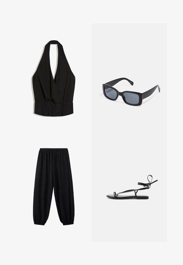 Haut noir sans manches avec col licou plongeant en V profond et taille ajustée, fabriqué en tissu doux et drapé.; Pantalon noir large avec ceinture élastique et poignets élastiques aux chevilles, conçu pour le confort et un port décontracté.; Sandale plate noire avec de fines lanières et un design enveloppant la cheville sur un fond clair uni.; Lunettes de soleil rectangulaires noires avec des verres teintés foncés, monture en plastique épaisse et branches larges. Surface lisse et design angulaire.
