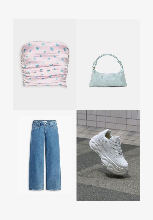 Gina Tricot PLEATED TUBE - Top - blue; Hellblau weite Jeans aus Denim, mit hoher Taille, fünf Taschen und einem klassischen Knopfverschluss. Gerader Schnitt vom Oberschenkel bis zum Saum.; Weiße Leder-Sneaker mit einer massiven Sohle, strukturierten Details und Schnürverschluss. Verfügt über geformte Akzente und eine glatte Oberfläche.; Mascara Clutch - mint