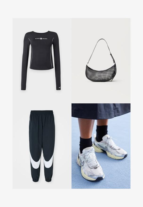 Musta pitkähihainen urheilupaita pyöreällä pääntiellä, kapealla istuvuudella, valkoisilla saumaompeleilla ja keskellä olevalla "NIKE SHOX" -logolla.; Mustat urheiluhousut, joissa valkoiset kaarevat paneelit, joustava vyötärö ja kootut hihnat. Housut on valmistettu kevyestä kankaasta ja niissä on rento istuvuus.; Valkoiset ja hopeiset Nike-lenkkarit, joissa on verkkomateriaalia, heijastavia yksityiskohtia ja beige pohja. Käytetään mustien sukkien kanssa, seisten sinisellä pinnalla.; Pieni musta verkko-olkalaukku puolikuun muotoinen, säädettävällä ohuella hihnalla, yksivärisen vaalean taustan edessä.