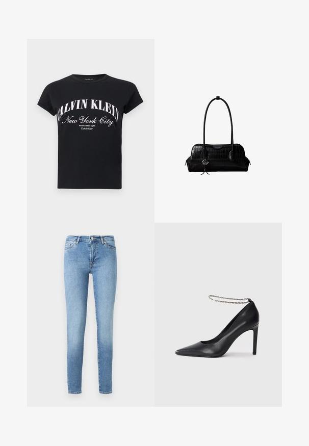 Čierne tričko s krátkym rukávom s bielym textom "Calvin Klein New York City Established 1968" umiestneným v strede na prednej strane.; Svetlomodré skinny džínsy vyrobené z denimu, s klasickým dizajnom piatich vreciek, jemným vyblednutím a štandardným pásom s priehľadom.; Čierne kožené lodičky na vysokom opätku s špicatou špičkou, s tenkým strieborným remienkom okolo členku a hladkým, elegantným povrchom.; Čierna kožená kabelka na rameno s krokodílou štruktúrou, dlhými remienkami a malým strieborným príveskom s logom na jednom remienku.