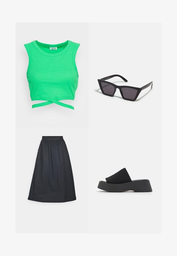 Grünes geripptes Crop-Top mit ärmellosem Design und rundem Ausschnitt. Verfügt über eine Wickelverschluss-Optik an der Taille. Strukturierten Stoff.; Schwarzer Midi-Rock mit elastischem Bund, aus leichtem Stoff, mit gerafftem Design und glatter Textur.; Call it Spring VENISE B.E.D FOAM - Pantolette hoch - black; Schwarze, eckige Sonnenbrille mit grauen Gläsern; aus Kunststoff gefertigt, mit dicken Bügeln, die eine glatte Oberfläche und keine sichtbaren Beschläge haben.