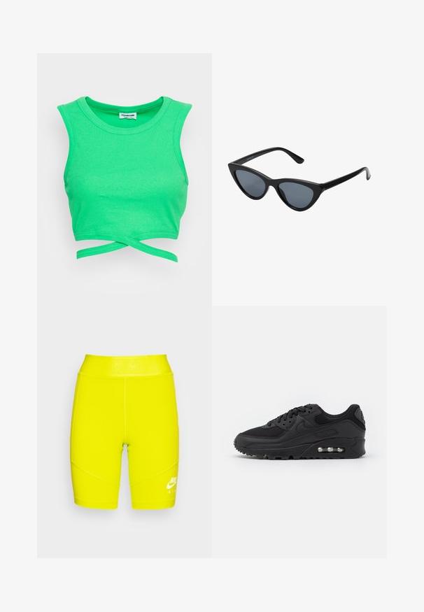 Crop top vert à rayures avec design sans manches et col rond. Présente une fermeture style enveloppant à la taille. Tissu texturé.; Shorts de sport taille haute jaunes en matériau extensible, avec le logo et le texte Nike blancs sur la ceinture, présentant des motifs de couture détaillés.; Baskets de sport noires avec une tige en cuir lisse et en mesh, bout rond, accents texturés, et une unité d'air visible dans la semelle.; Lunettes de soleil noires en forme d'œil de chat avec des verres gris foncé, monture en plastique élégante, coins pointus et branches droites. Pas de métal visible ni d'accents.