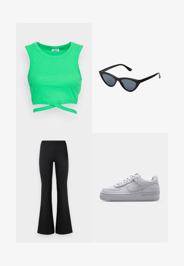 Crop top vert à rayures avec design sans manches et col rond. Présente une fermeture style enveloppant à la taille. Tissu texturé.; Pantalons évasés noirs en tissu lisse et extensible. Dotés d'une taille haute et de bords évasés pour un look ajusté. Design simple.; Basket en cuir lisse gris Nike Air Force 1 avec un bout perforé, une semelle épaisse et un détail 'AIR' en relief sur le talon.; Lunettes de soleil noires en forme d'œil de chat avec des verres gris foncé, monture en plastique élégante, coins pointus et branches droites. Pas de métal visible ni d'accents.