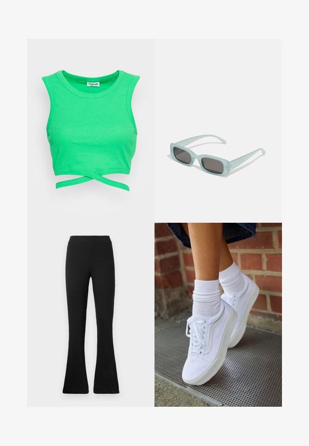 Zelený pruhovaný krátky top bez rukávov s okrúhlym výstrihom. Obsahuje uzatvorenie okolo pása v štýle zabalenej kravaty. Textúrovaná tkanina.; Čierne rebrované nohavice so širokým strihom a vysokým pásom. Mäkký, elastický materiál vytvára priliehavý siluetu a rozšírený spodok pre štýl a pohodlie.; Biele plátené tenisky s gumovou podrážkou, s piatimi dierkami na šnúrky, okrúhlou špičkou a svetlými švami, doplnené o biele členkové ponožky.; Párik obdĺžnikových slnečných okuliarov s svetlomodrými priehľadnými rámami a tmavosivými sklami, s rovnými stranami a minimálnymi hardvérovými detailmi.
