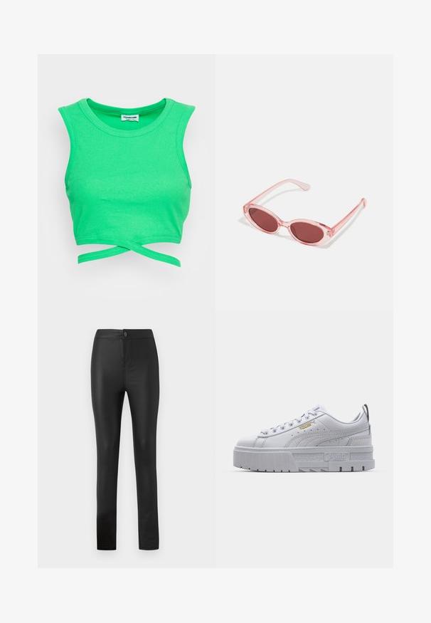 Groene geribbelde crop top met een mouwloze uitstraling en een ronde halslijn. Voorzien van een wikkelstijl sluiting bij de taille. Textuurstof.; Zwarte legging gemaakt van rekbaar, glad materiaal met een aansluitend ontwerp, voorzien van een voorknop en ritssluiting, en rechte pijpen.; Witte platform sneakers met een leren bovenwerk, gevoerde kraag, grijze rubberen zool en gouden accenten met het Puma-logo.; Roze transparante zonnebril met ovale lenzen, donkerrode tint en slanke pootjes, met een gladde afwerking en subtiele details op het frame.