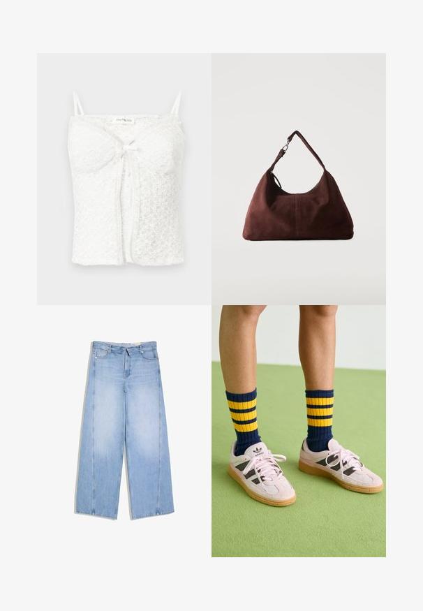 Witte kanten cropped hemd met dunne bandjes, gewatteerde cups, strik aan de voorkant en een gestructureerd bloemenpatroon.; Lichtblauwe jeans met hoge taille en wijde pijpen, met voor- en achterzakken, riemlussen en een knoop- en ritssluiting.; Lichtroze suède sneakers met zwarte strepen en rubberen gummizolen, gecombineerd met marineblauwe en gele gestreepte rib sokken. Groene gestructureerde vloer.; Zachte bruine suède schoudertas met een enkele riem en zilverkleurige metalen accenten op een effen lichte achtergrond.