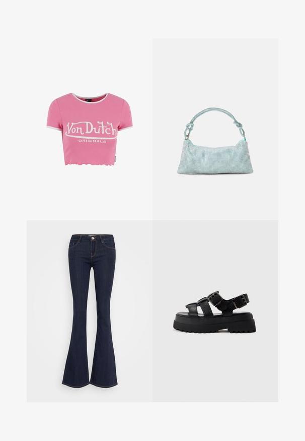 Lyserød cropped t-shirt i ribbet stof med hvid, bølget kant. Har "Von Dutch" logo i hvidt tryk på brystet. Korte ærmer.; Mørke denim flare jeans med en tætsiddende talje, der har en forsænket knaplukning, fem-lomme design og sømdetaljer langs benene.; Sort platform-sandal med tyk sål, tre læderremme og to sølvspænder, vist fra siden mod en grå baggrund.; Mascara Clutches - mint