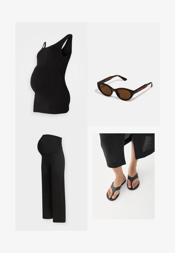 Débardeur de maternité noir avec un décolleté arrondi et sans manches, présentant une silhouette ajustée qui s'adapte à un ventre en croissance.; Pantalon de maternité noir avec une taille haute et extensible conçue pour soutenir un ventre de femme enceinte, présenté sur un fond clair uni.; Gros plan sur des pieds portant des sandales en cuir noire de type tongs, avec l'ourlet d'une jupe noire visible au-dessus des chevilles, sur un sol blanc.; Lunettes de soleil en écaille de tortue marron avec une forme vintage de lunettes cat-eye et des verres marron. Présente des branches courbées avec des accents rouges.