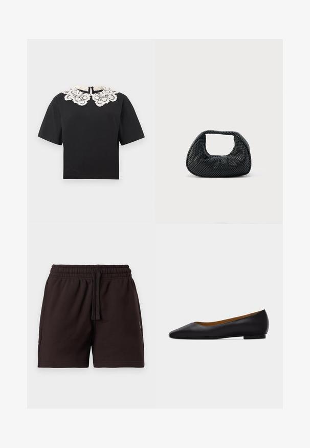 Haut court noir à manches courtes avec un large col en dentelle blanche présentant des motifs circulaires complexes et une fermeture éclair au dos.; Shorts à taille élastique noire avec cordon de serrage, devant plat et poches latérales, présentés sur un fond clair uni.; Chaussure plate en cuir noir à bout pointu avec talon bas et finition lisse, vue de côté sur un fond gris clair.; Sac hobo tissé noir avec une structure souple et une poignée intégrée, présenté sur un fond clair uni.