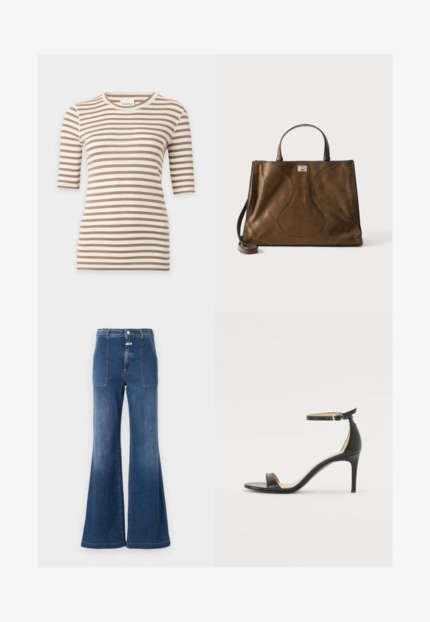 Top en maille à manches courtes beige et blanc à rayures horizontales, col rond et coupe slim.; Jeans évasés taille haute en denim bleu moyen avec une finition délavée. Dotés de poches plaquées et d'une fermeture à bouton. Ourlet propre.; Sandale à talons hauts en cuir noir avec une lanière de cheville. Présente une texture lisse, un bout ouvert et un talon fin. Détail de boucle en ton doré.; Sac cabas en cuir marron avec détail de couture courbe, une seule poignée supérieure, une bandoulière amovible et une petite plaque logo métallique rectangulaire.
