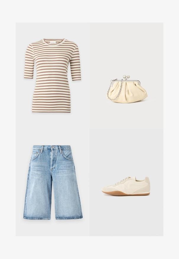 Beige-weiß gestreiftes kurzärmliges Stricktop mit Rundhalsausschnitt und schlanker Passform.; Hellblaue Denim-Shorts mit lockerer Passform, hoher Taille, fünf Taschen-Design und dezentem Verblassen des Stoffes.; Hellbeige Sneaker mit strukturiertem Lederupper, strukturierten seitlichen Einsätzen und einer Gummisohle. Verfügt über ein schlankes, stromlinienförmiges Design und flache Schnürsenkel.; Faltige beigefarbene Ledertasche mit einem silbernen Metallrahmen, ausgestattet mit zwei runden dekorativen Verschlüssen und einem silbernen Kettenriemen.
