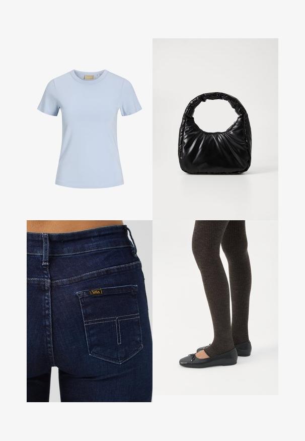 Camiseta azul claro de manga corta con cuello redondo y dobladillo recto, mostrada sobre un fondo blanco liso.; Vaqueros de mezclilla azul oscuro con un bolsillo trasero estándar. Presentan detalles cosidos y una pequeña etiqueta amarilla con la marca "Lois".; Piernas con leggings oscuros acanalados combinados con bailarinas negras que presentan pequeños detalles de lazo sobre un fondo blanco.; Bolso negro acolchado con un asa redondeada, que presenta una superficie lisa y brillante y una textura suave y acolchada. Sin herrajes ni acentos visibles.