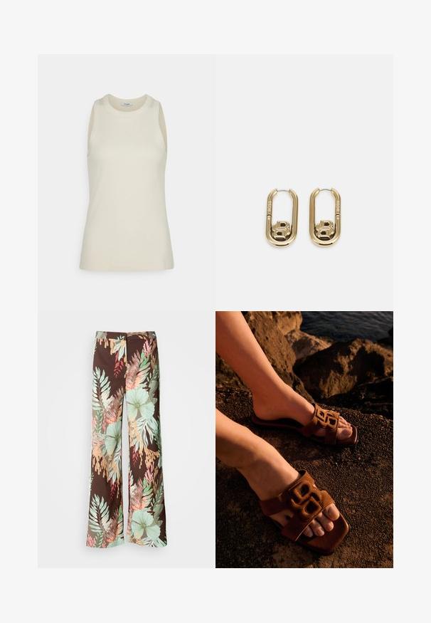 IVY OAK KLARA ANN - Débardeur - almond milk; Pantalons larges en tissu marron foncé avec un motif floral et feuillu éclatant dans des teintes de vert, rouge et pêche. Matière douce et légère.; Pieds portant des sandales marron à bride décorative, reposant sur un sol rocheux près de l'eau dans une lumière chaude.; BOSS DOUBLE B SWING - Boucles d'oreilles - gold-coloured