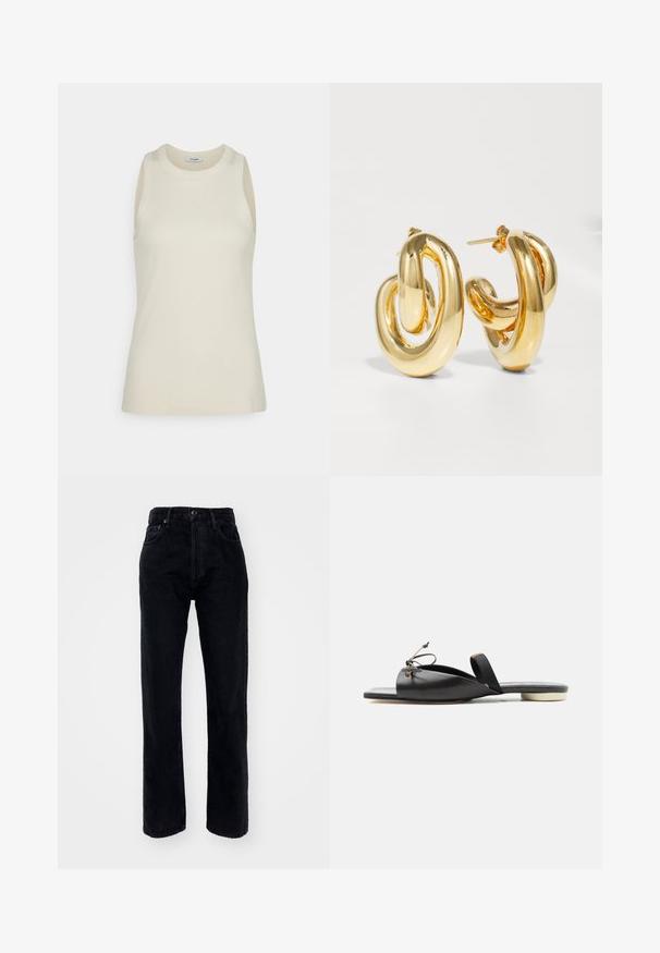 IVY OAK KLARA ANN - Top - almond milk; Sorte denim jeans med høj talje og lige ben, der har fem lommer, bæltestropper og en knaplukning i taljen.; Sort læder flad sandal med firkantet tå, front med snøredetalje og en tynd ankelrem på hvid baggrund.; Charlotte Chesnais BO INITIAL BLOW - Øreringe - gold-coloured