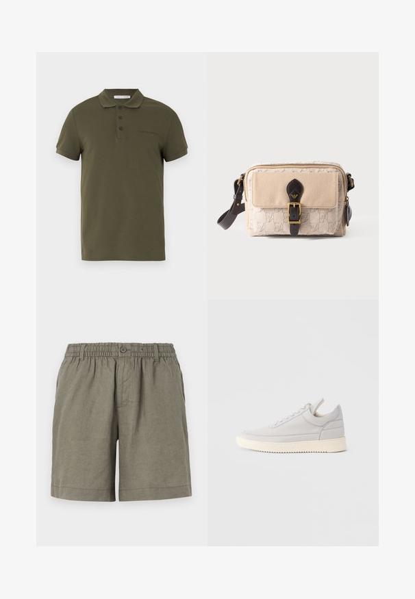 Olivengrøn kortærmet polo med tre knapper, ribstrikket krave og diskret "Tiger of Sweden"-logo på brystet.; Khaki shorts i letvægtsstof med elastisk talje og knaplukning. Har et lige ben design og optrukket kant.; Lysegrå lædersneaker med teksturerede sider, snørebånd foran og cremefarvet gummisål. Har en glat tåhætte og minimalistiske designdetaljer.; Beige crossbody taske med frontlomme, sort spænde-rem, guldfarvet hardware og diskret præget mønster på stofoverfladen.