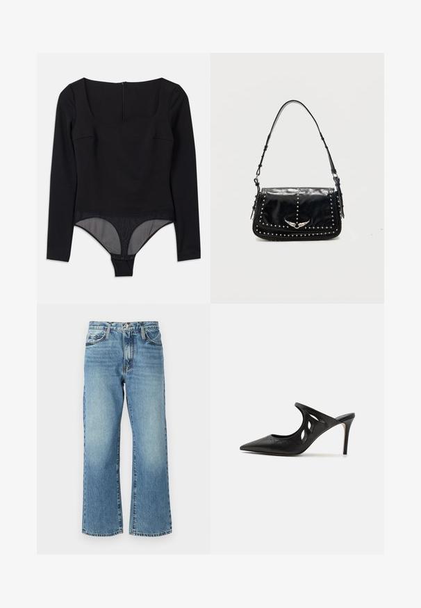 Sort langærmet bodysuit med firkantet udskæring og mesh-bund. Har en lynlåslukning bagpå og tryknapper for en sikker pasform.; Lysblå denimjeans med vid buksedesign, fem lommer og knaplukning. Stoffet har en subtil blegning og en klassisk tekstur.; Sorte læder højhælede mules med spids tå, udskåret sideskærm og glat tekstur. Stiletthæl og subtil syning.; Sort læder skuldertaske med sølvlignende nitter og vingeformet metalemblem på frontklappen mod en ensfarvet baggrund.