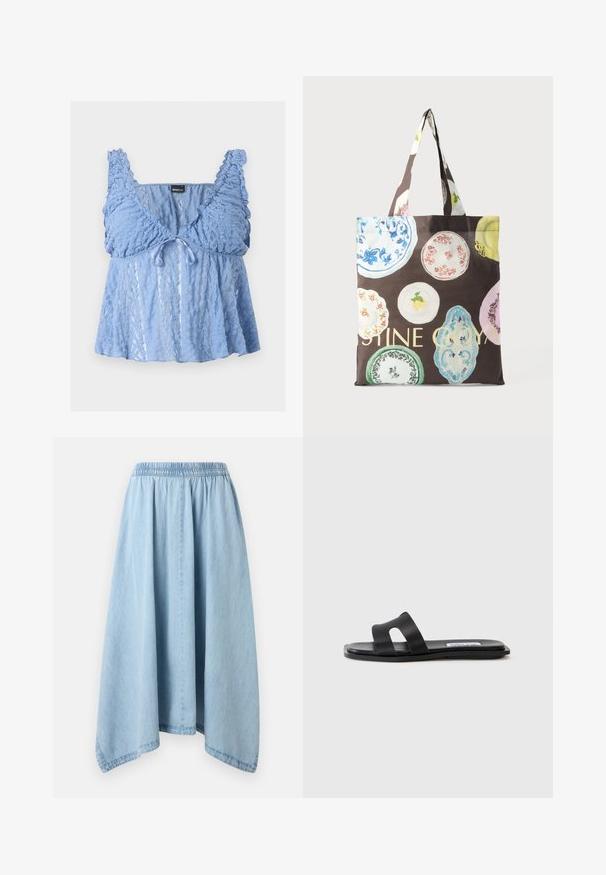 Haut sans manches en dentelle bleu clair avec des bretelles à volants, un petit nœud à l'avant et un design évasé semi-transparent.; Jupe en denim bleu clair avec une taille élastique et un ourlet asymétrique, suspendue sur un fond blanc uni.; Sandale plate noire avec deux larges brides, un détail découpé sur une des brides et une finition lisse mate. Semelle fine et flexible.; Sac fourre-tout marron avec des motifs d'assiettes vintage colorées et un texte jaune vif partiel, doté de doubles anses en tissu.