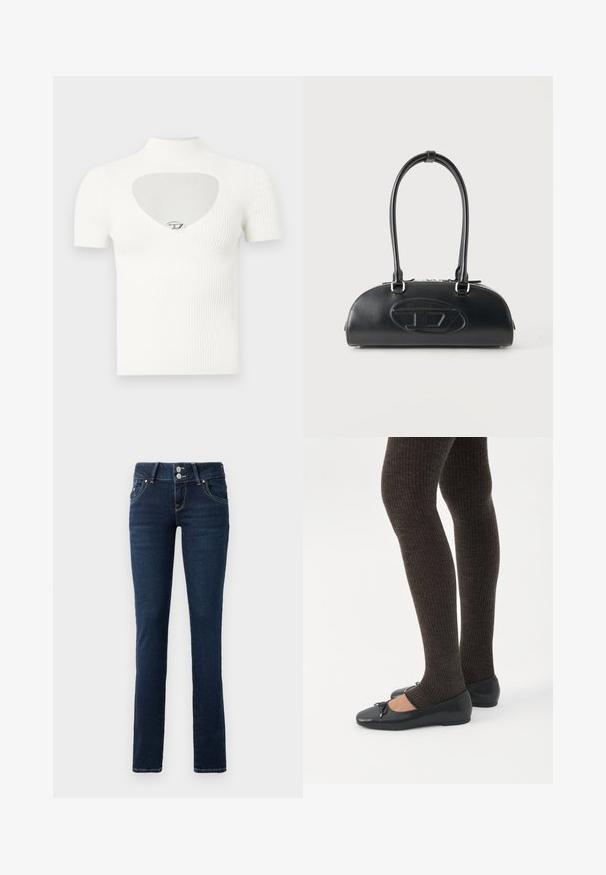 Weißes, geripptes Kurzarmshirt mit Stehkragen und herzförmigem Ausschnitt an der Brust, mit einem silbernen Akzentdetail in der Mitte.; Dunkelblaue Skinny-Jeans mit doppelt-knopfverschluss, Fronttaschen und gelben Nähten auf einem weißen Hintergrund.; Beine in dunklen, gerippten Leggings kombiniert mit schwarzen Ballerinas mit kleinen Schleifendetails auf weißem Hintergrund.; Schwarze Lederhandtasche mit langen doppelten Griffen und geprägtem ovalem Logo auf der Vorderseite, vor einem schlichten hellen Hintergrund gezeigt.