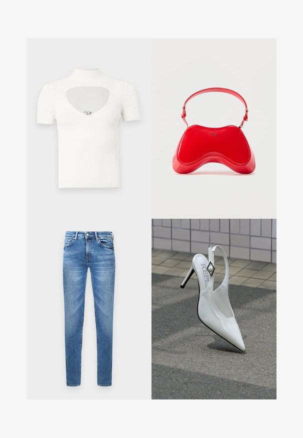 Hvid ribbet top med korte ærmer, høj krave og hjerteformet udskæring på brystet med en sølvfarvet detalje i midten.; Lyseblå denimjeans med slim fit. Funktioner inkluderer en knaplukning, fem lommer og en slidseffekt på lårene.; Hvid højhælet sko med spids tå, slingback-design og metallisk diamantdetalje på remmen. Blank laklæderfinish.; Rød taske i laklæder med en buet, ergonomisk form, der har en tynd justerbar rem og en diskret logodetalje foran.