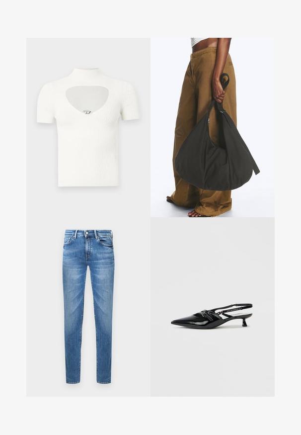 Witte geribde top met korte mouwen, een hoge kraag en een hartvormige uitsparing bij de borst, met een zilveren accentdetail in het midden.; Lichtblauwe denim jeans met een slim fit. Kenmerken zijn een knoopsluiting, vijf zakken en een gewassen textuur op de dijen.; Zwarte lakleren slingback schoen met puntige neus, kleine blokhak en verstelbare band met uitgesneden details en logo-accenten.; Persoon met bruine wijde broek en wit topje houdt een grote zwarte zachte handtas aan het hengsel bij hun zijde vast.