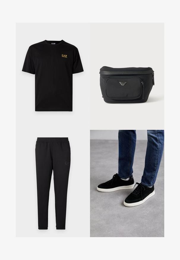 Mustrasti must t-särk lühikeste varrukatega, millel on vasakul rinnal väike kollane tikandiga logo. Klassikaline ümar kaelus.; Mustad mustad, pehmest kangast, millel on elastne vöökoht, kitsad sealsed ja väike logo trükitud küljele.; Mustast nahast tennisetossud valge kummiseguga tallaga, klassikalise madala disainiga, ümarate varvastega ja lame mustade paeltega.; Must vöökott esiluku tasku ja hõbedase kotka logoga, siledast kangast tekstuurse äärega ja tõmblukuga.