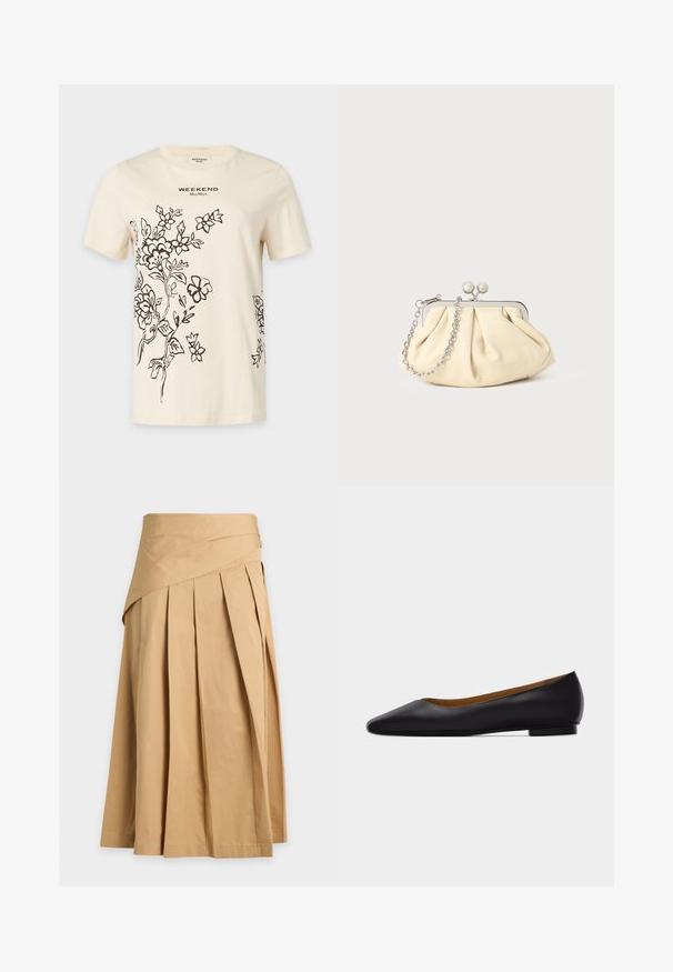 Kremfarget T-skjorte med korte ermer med sorte blomsterlinjetegninger og "WEEKEND MaxMara" tekst sentrert nær halsen.; Beige midiskjørt med brede folder og lagdelt midjedetalj på en ensfarget lys bakgrunn.; Svart skinnsko med spiss tå, flat såle og lav hæl, med glatt finish, vist fra siden på en lys grå bakgrunn.; Foliebeige lærveske med plisseringer og en sølvmetalramme, med to runde dekorative låser og en sølvkjede.