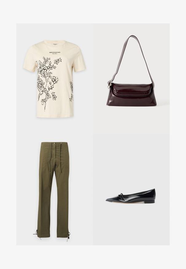 T-shirt crème à manches courtes avec dessins floraux noirs en ligne et texte "WEEKEND MaxMara" centré près de l'encolure.; Pantalon en coton vert olive à coupe décontractée, avec plis à l'avant, taille à cordon de serrage et liens ajustables aux ourlets pour personnalisation.; Chaussure plate en cuir verni noir avec un bout pointu, une petite lanière décorative et un petit talon carré. Texture lisse et design épuré.; Sac à bandoulière en cuir bordeaux foncé avec fermeture à rabat et une fine sangle réglable, présenté sur un fond clair uni.