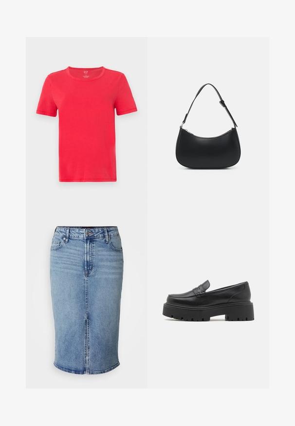 T-shirt rouge à manches courtes en coton. Il présente un col rond classique et un design simple sans motifs ni accents.; Jupe crayon en denim bleu clair avec une fente à l'avant, cinq poches et une fermeture à bouton à la taille. Longueur standard, texture lisse.; Mocassins en cuir noir avec une semelle en caoutchouc épaisse et basse, des détails cousus sur le dessus et une texture lisse.; Pieces PCALUANA SHOULDER BAG - Sac à main - black