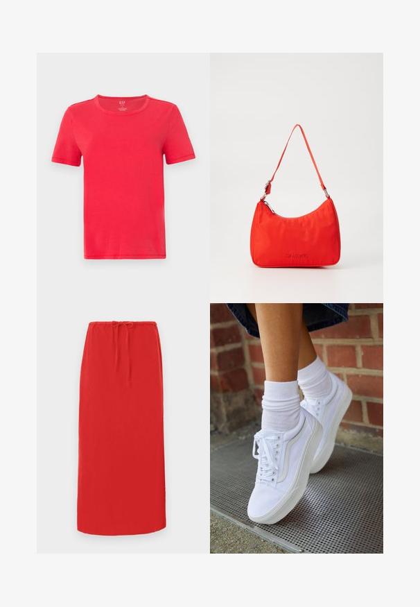 T-shirt rouge à manches courtes en coton. Il présente un col rond classique et un design simple sans motifs ni accents.; Jupe rouge, longueur genou, fabriquée en tissu léger avec une taille élastique et un cordon de serrage pour un ajustement modulable. Texture lisse, sans motifs visibles.; Baskets en toile blanches avec semelles en caoutchouc, dotées de six œillets, d'un bout rond et de détails de couture légers, portées avec des chaussettes blanches mi-mollet.; Sac à main en nylon rouge avec une silhouette courbée, une seule anse, des accessoires en métal argenté et un logo embossé à l'avant. Texture lisse.