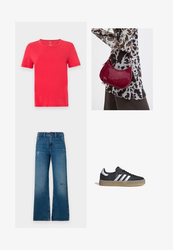Camiseta roja de manga corta hecha de algodón. Presenta un cuello redondo clásico y un diseño sencillo sin patrones ni detalles.; Jeans de mezclilla azul de piernas anchas con una textura desgastada, que presentan dos áreas desgastadas en la parte frontal, un cierre de botón y diseño de cinco bolsillos.; Zapatilla deportiva de cuero negro con tres rayas plateadas, punta texturizada y suela de goma. Cuenta con un collar acolchado y un diseño con cordones.; Mujer con blusa de estampado en blanco y negro sosteniendo un bolso de hombro rojo brillante sobre un fondo liso.