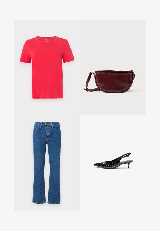 Rød kortærmet t-shirt lavet af bomuld. Har en klassisk rund hals og et simpelt design uden mønstre eller accenter.; Lys blå denimjeans med lige skæring, fem lommer og syet detaljer. Stoffet har en struktureret overflade med let falming.; Sorte læderslingback hæle med spids tå og lille hæl. Dekoreret med metalliske nitter langs overdelen for ekstra tekstur.; Vinrød læderhåndtaske med halvmåneform, lynlås og aftagelig rem. Glat tekstur med en subtil glans.