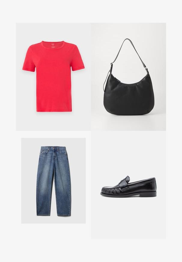 Rød kortærmet t-shirt lavet af bomuld. Har en klassisk rund hals og et simpelt design uden mønstre eller accenter.; Blå denim jeans med en afslappet pasform, der har fem lommer, kobbernitter og en fadet vask. Lige ben med en ren kant.; Sorte læderloafers med rundet tå, karakteristisk syning og en dekorativ rem over vampen. Glat finish og lav hæl.; Sort hobo-taske lavet af glat, holdbart materiale. Har en enkelt justerbar rem og et subtilt præglogo på forsiden.