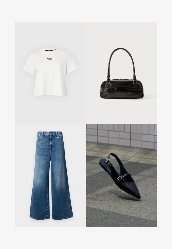Hvid kortærmet cropped t-shirt med en lille sort og grå sommerfugl broderet midt på brystet.; Bredde denim jeans i mellemblå med et klassisk fem-lomme design, knaplukning og let falmning for ekstra tekstur.; Sort flad slingback med spids tå og dobbelte spænder, hvilende på grå asfalt nær flisevæg.; Sort læderhåndtaske med rektangulær form, der har et enkelt struktureret håndtag, sølvhardware og lynlås-lukning. Glat tekstur.