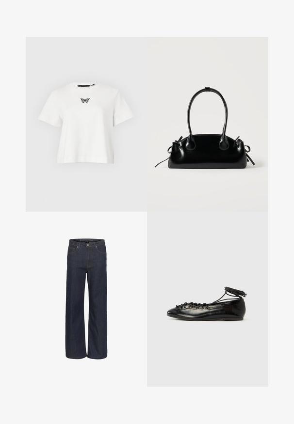 Weißes kurzärmeliges, bauchfreies T-Shirt mit einem kleinen schwarz-grauen Schmetterling in der Mitte der Brust bestickt.; Dunkelblaues, weites Jeanspaar mit hoher Taille, das über fünf Taschen, kontrastierende Nähte und einen rohen Saum am unteren Ende verfügt.; Schwarze Ballerinas aus Lackleder mit runder Spitze, Schnürdesign und flacher Sohle. Glatte Textur mit minimaler Verzierung.; Kleine schwarze glänzende Handtasche mit zwei langen Griffen und seitlichen Kordelzug-Details vor einfachem hellem Hintergrund.