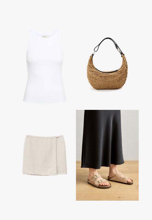 Hvid ribbet tanktop med rund halsudskæring og uden ærmer. Strækbart stof og tætsiddende design. Etiketten bagpå viser "GESTUZ."; Beige mini-nederdel med omslagsstil, knaplukning ved taljen og enkel, glat stoftekstur.; Lysbrune ruskindsandaler med to justerbare spænder, korkfodbed og gummisål, parret med en sort gulvlængde nederdel.; Vævet stråtaske i beige med en buet silhuet, med en sort læderrem og sølvfarvede hardware-detaljer. Tekstureret finish.