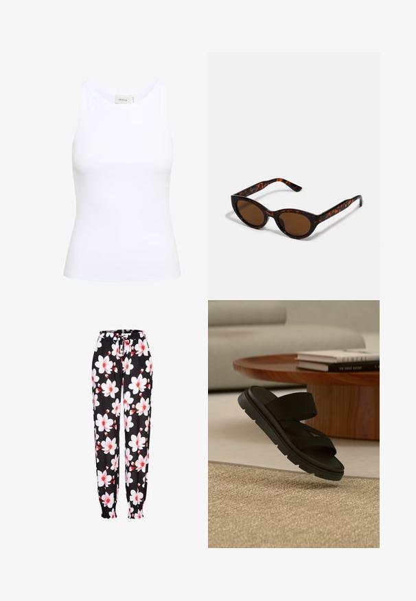 Top sin mangas de canalé blanco con escote redondo. Tejido elástico y diseño ajustado. La etiqueta en la parte posterior dice "GESTUZ."; Pantalones de tela negra con patrón floral en blanco y rojo, con cintura elástica y cordón ajustable, y puños fruncidos. Material ligero.; Sandalia negra tipo slip-on con suela gruesa flotando sobre una alfombra beige texturizada, con una mesa de café redonda de madera y libros al fondo.; Gafas de sol de carey marrón con una forma vintage de ojo de gato y lentes marrones. Presentan brazos curvados con acentos rojos.