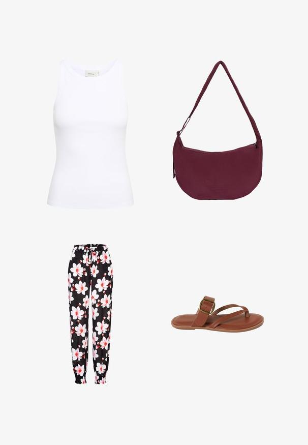 Hvid ribbet tanktop med rund halsudskæring og uden ærmer. Strækbart stof og tætsiddende design. Etiketten bagpå viser "GESTUZ."; Sorte stofbukser med hvidt og rødt blomstermønster, elastisk talje med snøring og rummelige manchetter. Letvægtsmateriale.; Brun flad sandal med tynde stropper og en guldbelagt spænde på hvid baggrund, set fra siden.; Vinrød halv-måne skuldertaske med justerbar rem og subtilt præget logo foran, lynlåslukning i toppen.
