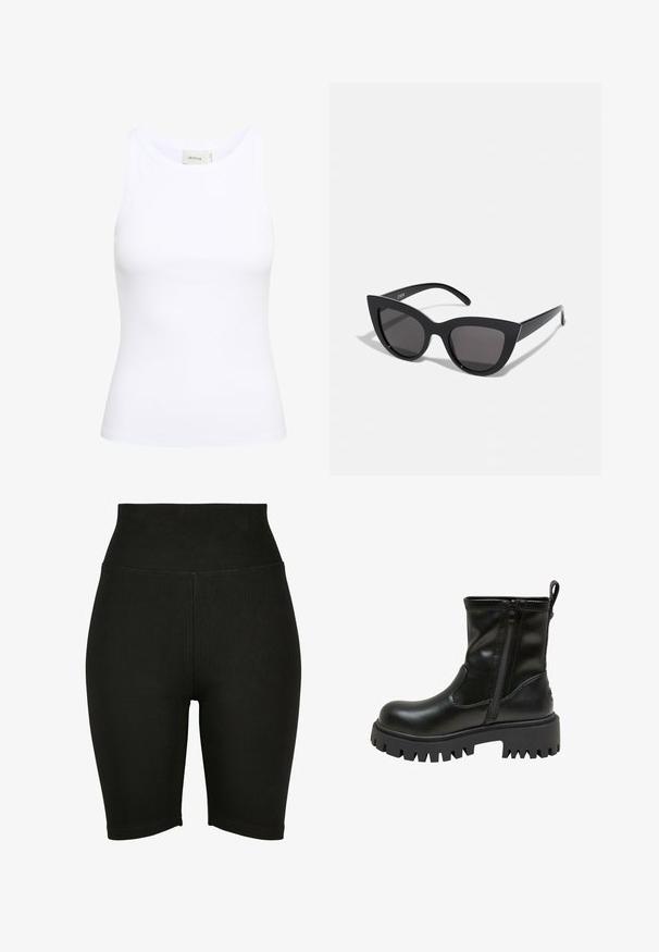 Hvid ribbet tanktop med rund halsudskæring og uden ærmer. Strækbart stof og tætsiddende design. Etiketten bagpå viser "GESTUZ."; Sorte højtaljede cykelshorts lavet af strækstof, med en glat overflade og syet kant, designet til komfort og bevægelsesfrihed.; Sort midtkalv læderstøvle med tyk profileret sål, sidelukning med lynlås, trækstrop bagpå og præget mærkenavn på sålkanten.; Sorte cat-eye solbriller med mat finish, der har grå tonede linser, skarpe vinkler og slanke sidearme. Mærkenavnet er synligt på den indre arm.
