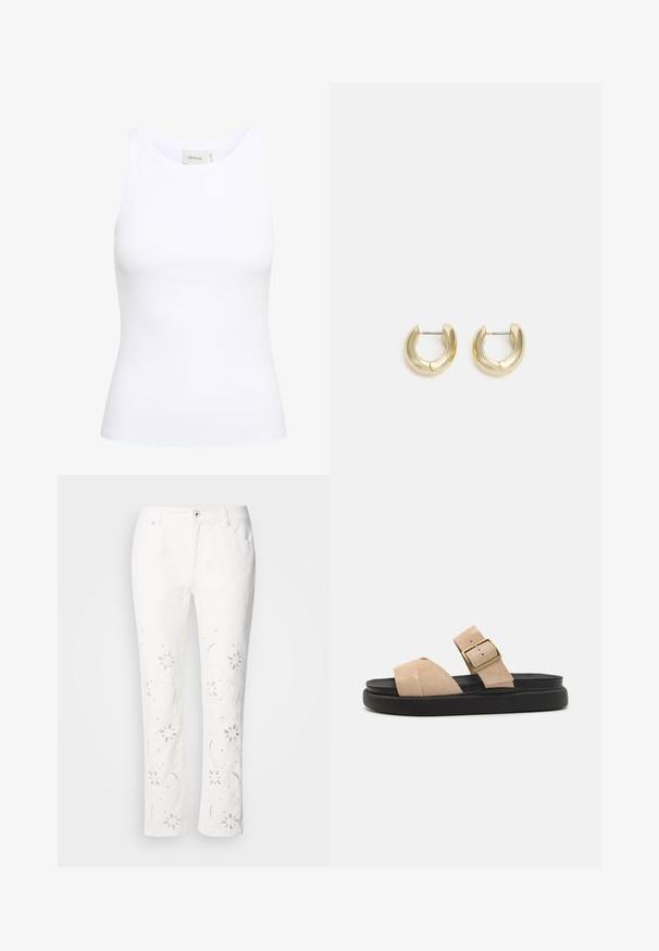 Weißes, geripptes Tanktop mit Rundhalsausschnitt und ohne Ärmel. Elastisches Material und figurbetontes Design. Das Etikett auf der Rückseite trägt die Aufschrift "GESTUZ."; Weiße Baumwollhosen mit floraler Stickerei entlang der Beine, im geraden Schnitt und mit Knopfverschluss an der Taille.; Beige Wildledersandalen mit einem geschwungenen Riemen, goldfarbener Schnalle und einer schwarzen Plattformsohle. Flaches Design, geeignet für legere Anlässe.; Goldfarbene Creolen mit einer glatten, polierten Oberfläche. Sie haben eine halbkreisförmige Form und einen sicheren Stiftverschluss.