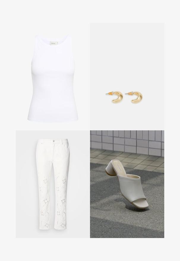 Débardeur blanc côtelé avec un col rond et sans manches. Tissu extensible et design ajusté. Étiquette au dos indiquant "GESTUZ."; Pantalon en coton blanc avec broderies florales le long des jambes, coupe droite et fermeture par bouton à la taille.; Mule blanche à bout ouvert avec talon bloc sur sol pavé près d'un mur carrelé, inclinée pour montrer les vues latérale et supérieure.; Boucles d'oreilles en forme de croissant en or avec une finition lisse, présentant des accents orange près du clou et un matériel en argent.