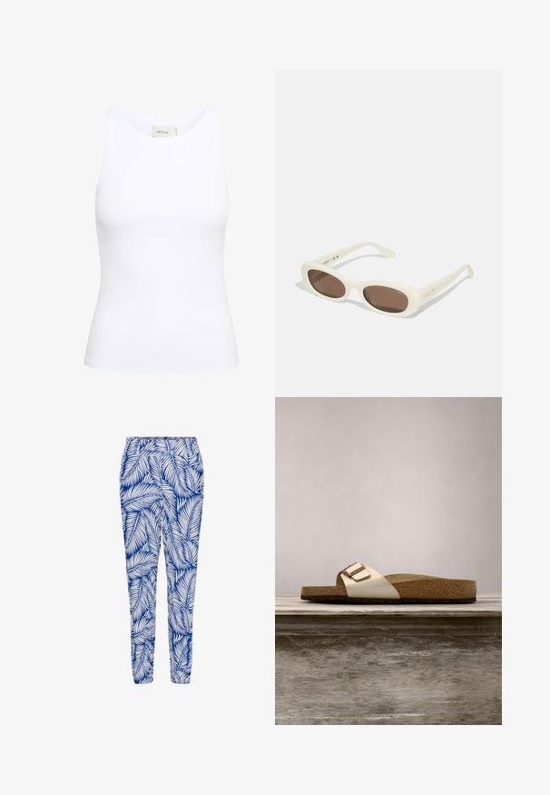 Débardeur blanc côtelé avec un col rond et sans manches. Tissu extensible et design ajusté. Étiquette au dos indiquant "GESTUZ."; Pantalon bleu et blanc à motif featuring un design de feuilles, taille élastique et bas resserrés, fabriqué dans un tissu léger et respirant.; Sandale à enfiler avec un dessus métallique léger, une semelle en liège et une semelle en caoutchouc brun texturé. Détail de boucle avec accent logo.; Lunettes de soleil crème avec des verres en forme ovale, teintés de brun, dotées d'une finition brillante et d'un discret logo "Vogue" sur le côté.
