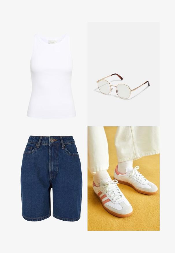 Hvid ribbet tanktop med rund halsudskæring og uden ærmer. Strækbart stof og tætsiddende design. Etiketten bagpå viser "GESTUZ."; Denim shorts med en mørkeblå farve, høj talje, fem-lomme design og kontrasterende orange syninger. Stof ser tekstureret ud.; Hvide sportsko med lyserøde accenter, lavet af ruskind og læder, rund tå og gummisål, vist med lyse sokker på en gul baggrund.; Guldmetals ovale briller med klare linser. Skildpadde-mønster detaljer på stængerne. Justerbare næsepuder for komfort.